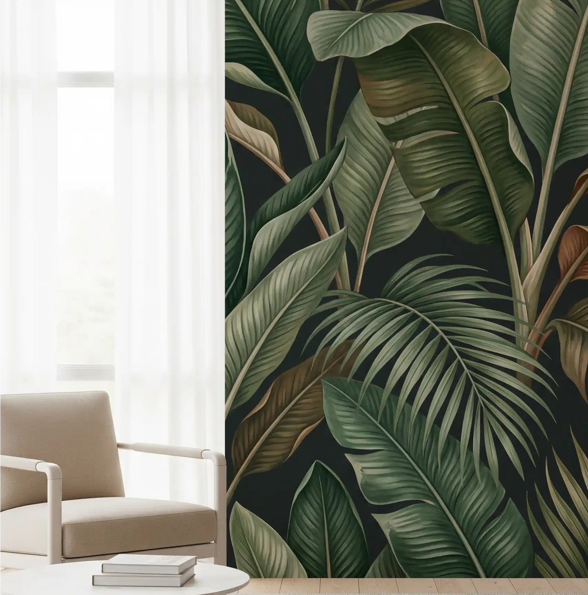 Hallway Tropical Foliage Mystique mural with layered jungle leaves