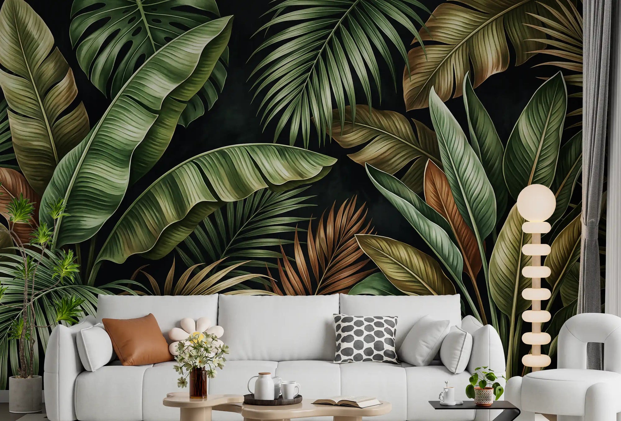 Living room with Botanical Design Wall Mural in layered tropical leaf style