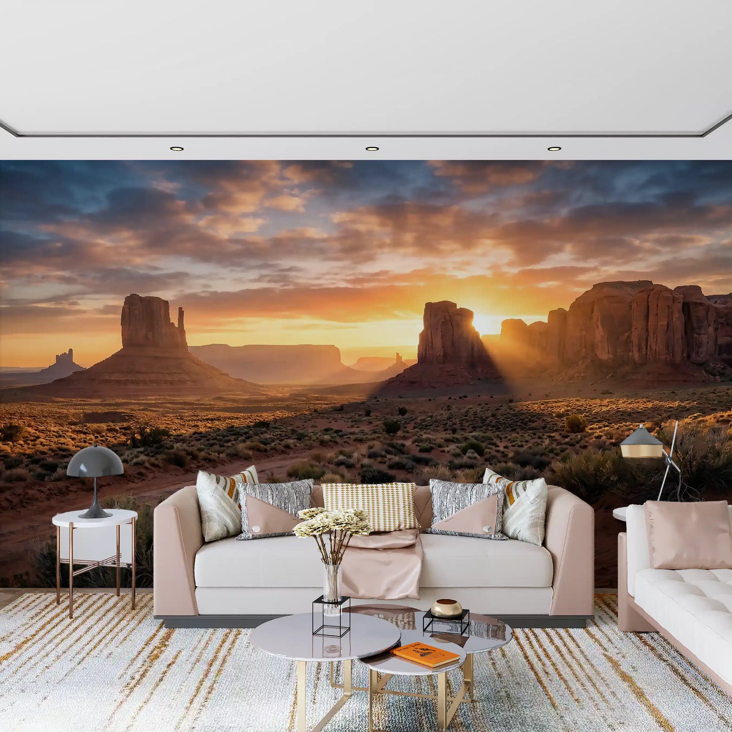 Living room Golden Desert wall mural featuring rocky cliffs and clouds
