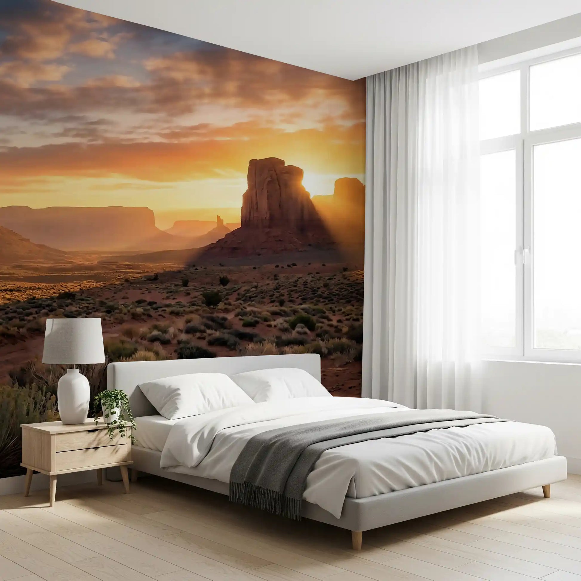 Bedroom Desert Buttes wall mural with sandy path and glowing horizon