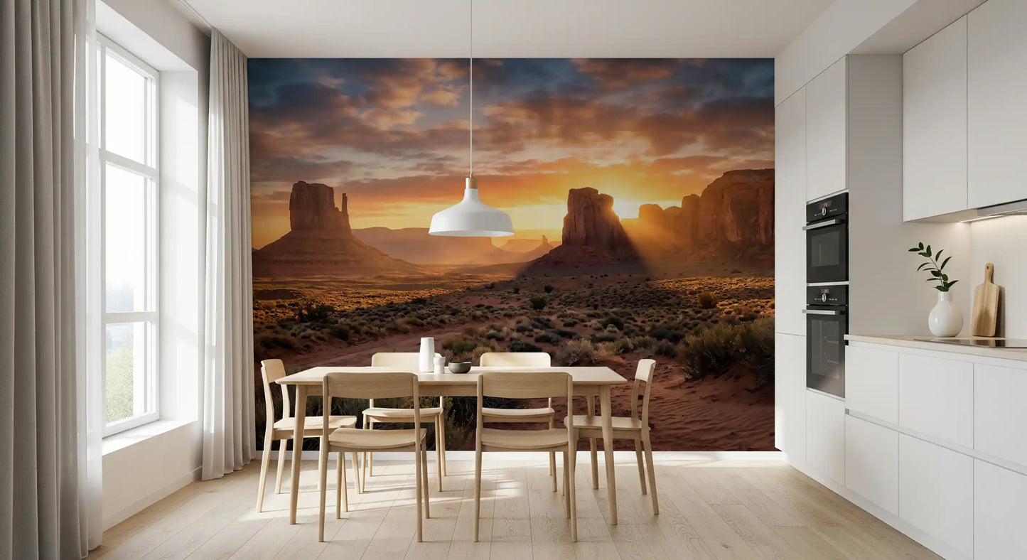 Dining area Golden Hour Buttes wall mural showing desert cliffs and warm light