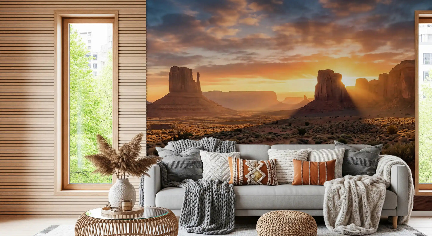 Rocky buttes wall mural with Desert Horizon glow and sandy foreground