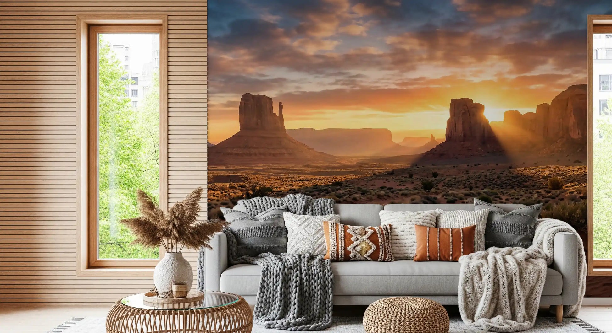 Rocky buttes wall mural with Desert Horizon glow and sandy foreground