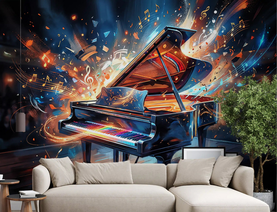 Living room styled with Melody Burst mural and colorful piano light design