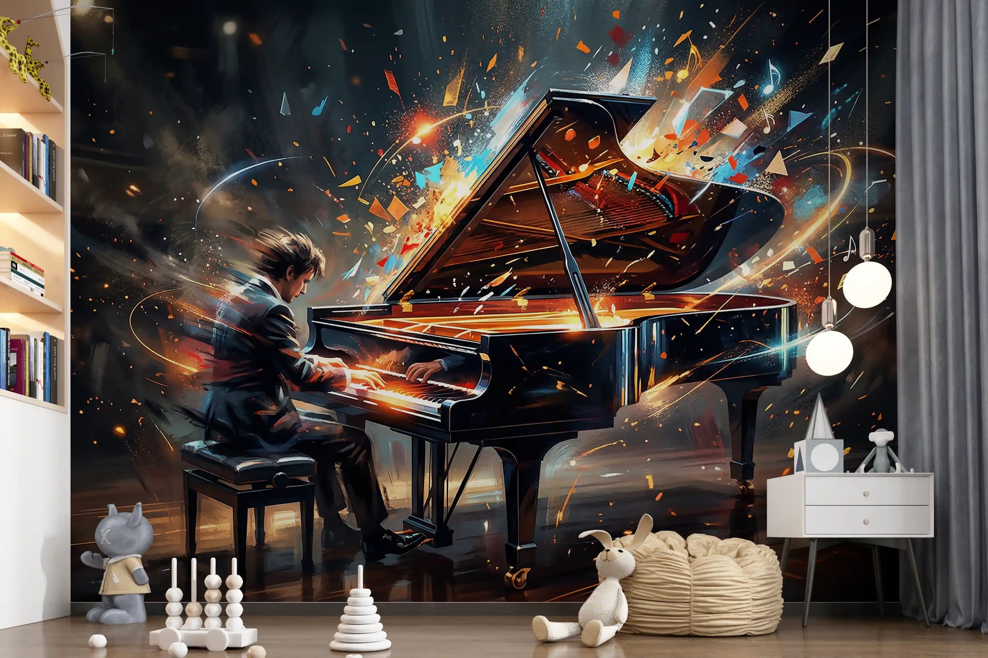 Studio space using abstract piano mural with flowing light trails