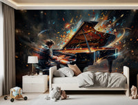 Bedroom wall featuring piano light wall mural with abstract motion