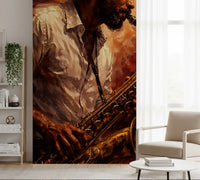 Hallway styled with Golden Horn Fiery Soul mural and jazz artwork