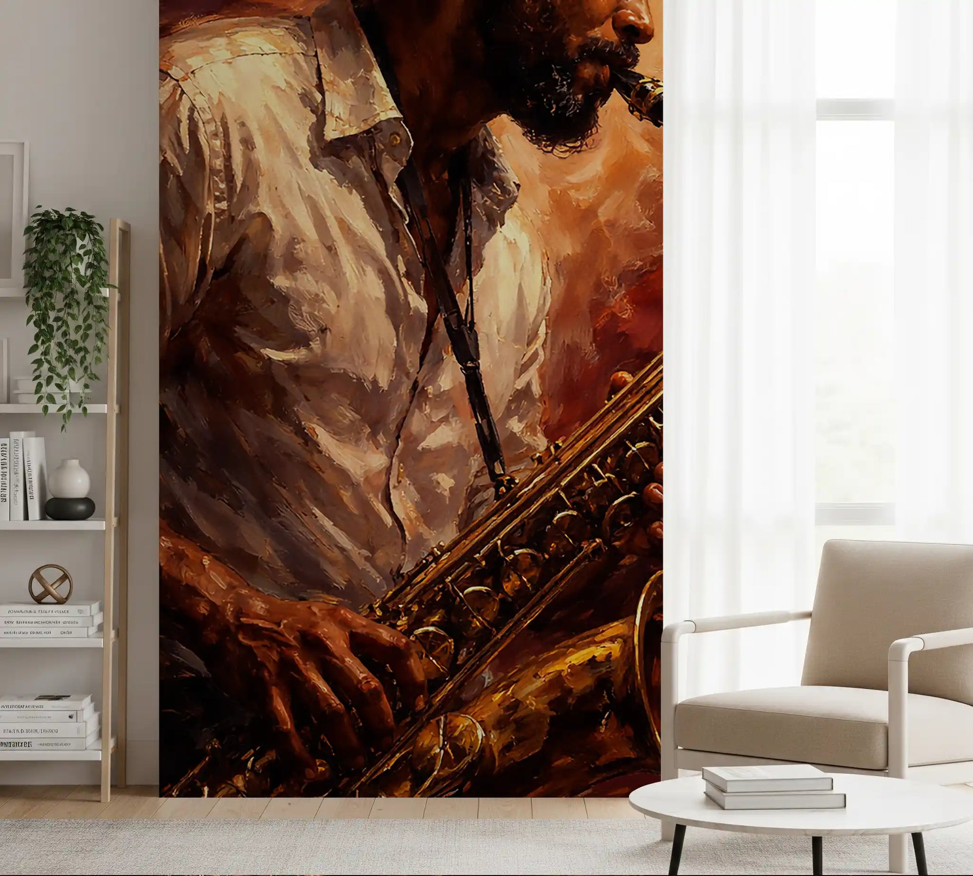 Hallway styled with Golden Horn Fiery Soul mural and jazz artwork