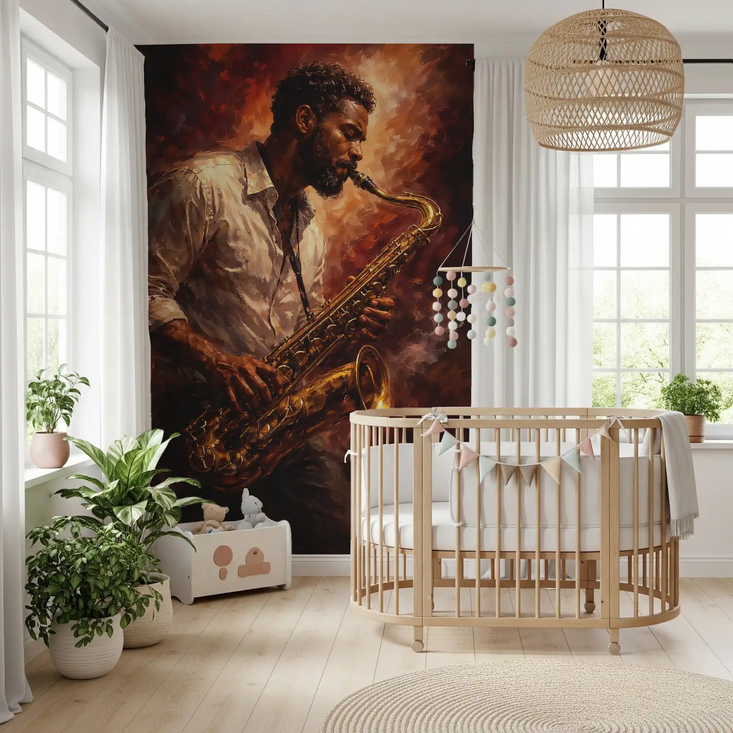 Saxophone painting wall mural with dramatic lighting and color depth