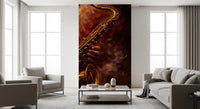 Golden Horn mural featuring musician playing saxophone in motion