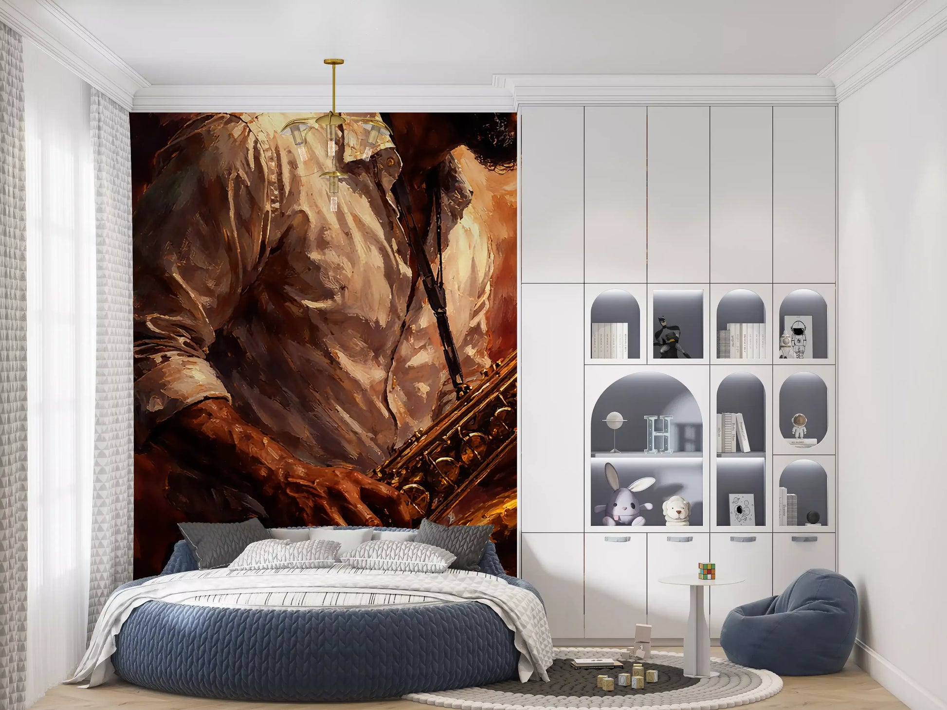 Bedroom displays Golden Horn mural with expressive music painting