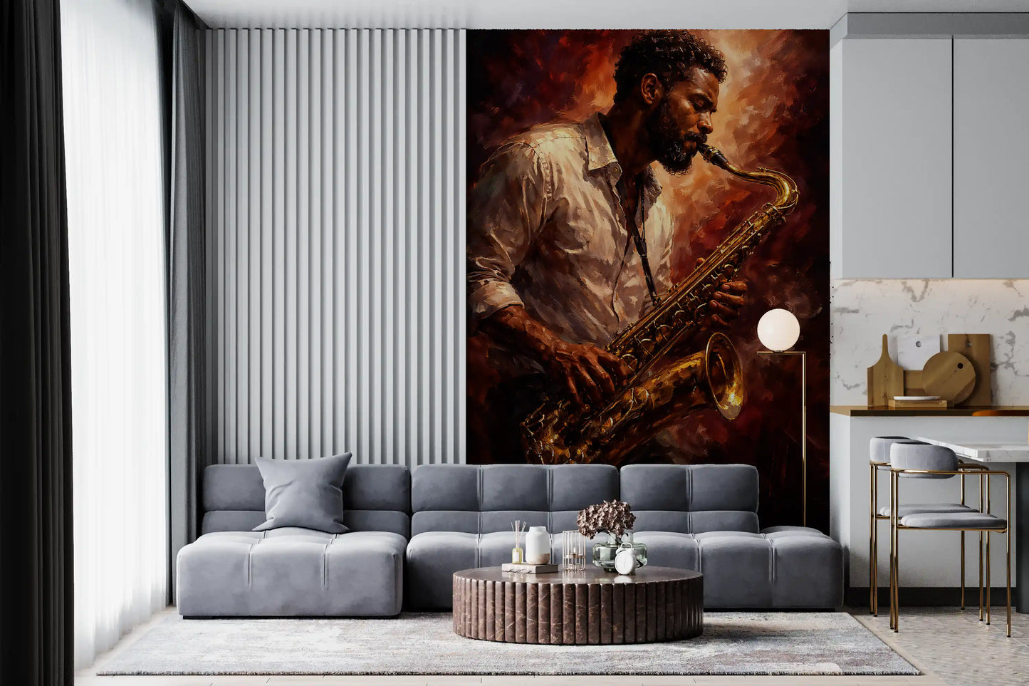 Artistic music wall mural showing saxophone and expressive tones