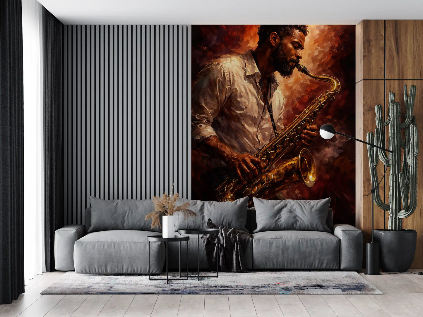 Hallway wall featuring saxophone wall mural with warm fiery tones