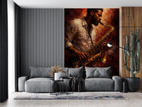 Hallway wall featuring saxophone wall mural with warm fiery tones