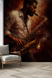 Jazz saxophone wall mural with warm red and orange painted background