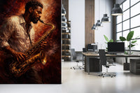 Office wall shows Golden Horn saxophone mural with bold brush style