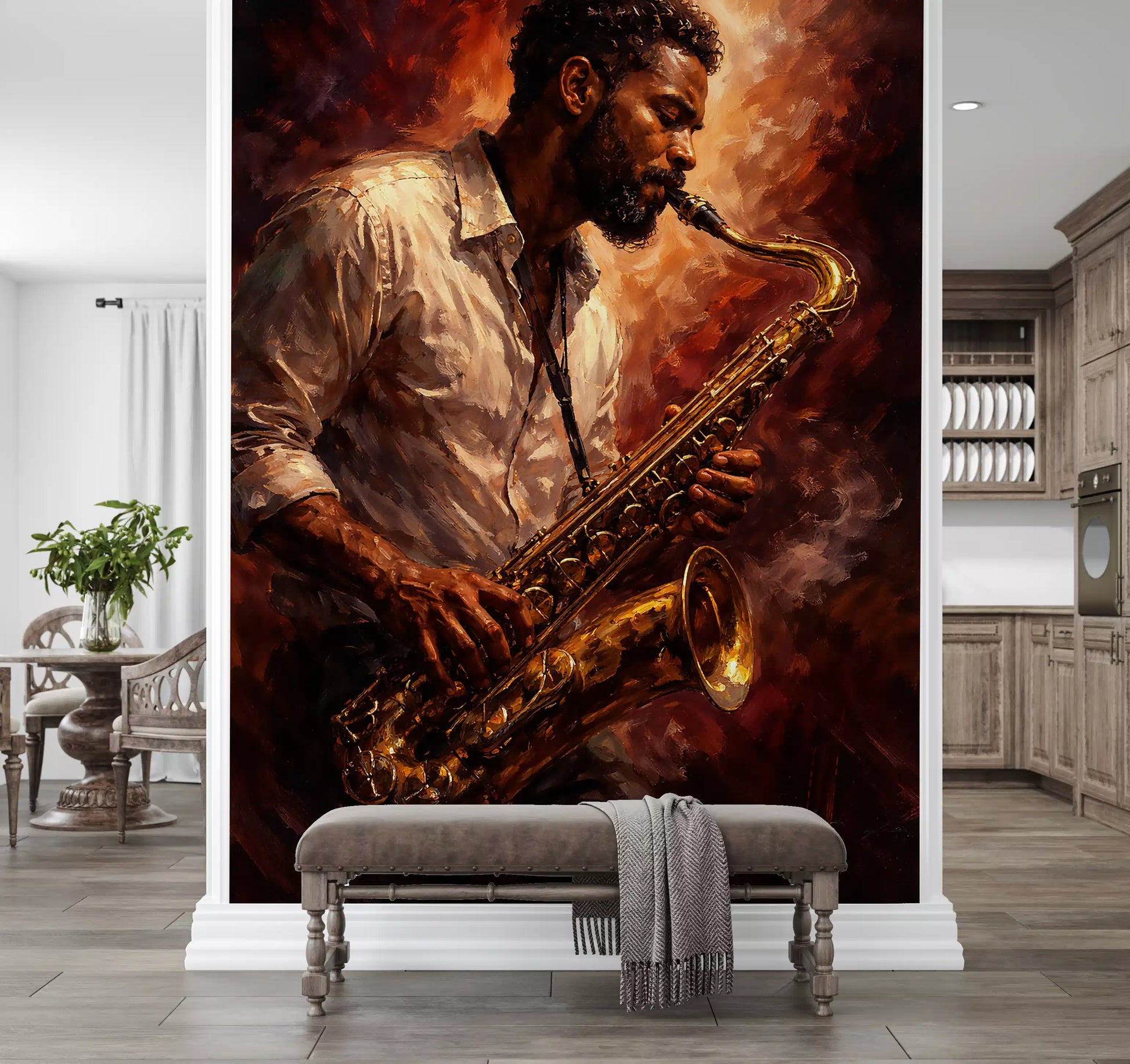 Fiery Soul wall mural with textured brush strokes and music theme