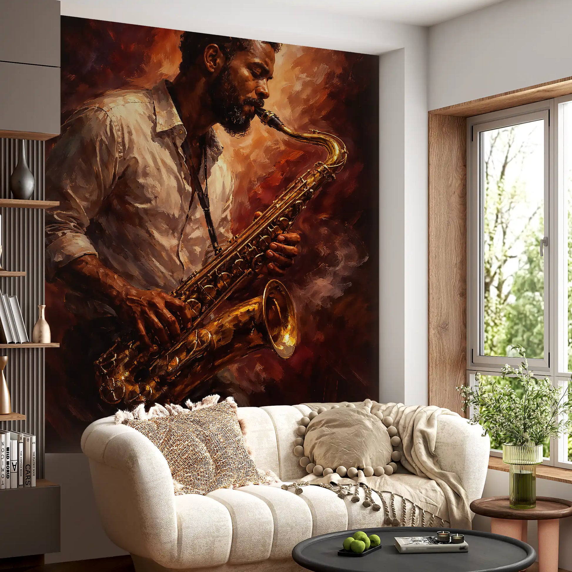 Studio space using Fiery Soul wall mural and jazz musician artwork