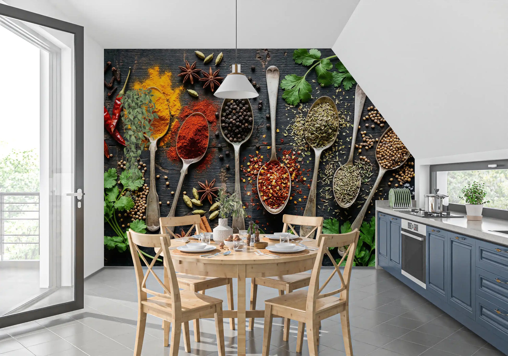 Kitchen wall with Aromatic Spice mural and colorful herb spoons