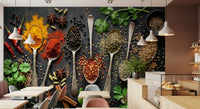 Kitchen spice mural with cinnamon, coriander, and leafy herbs