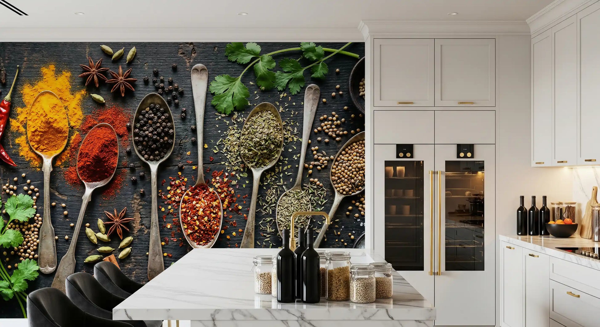 Dining room featuring spice collection wall mural on dark wood