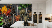 Dining room featuring spice collection wall mural on dark wood