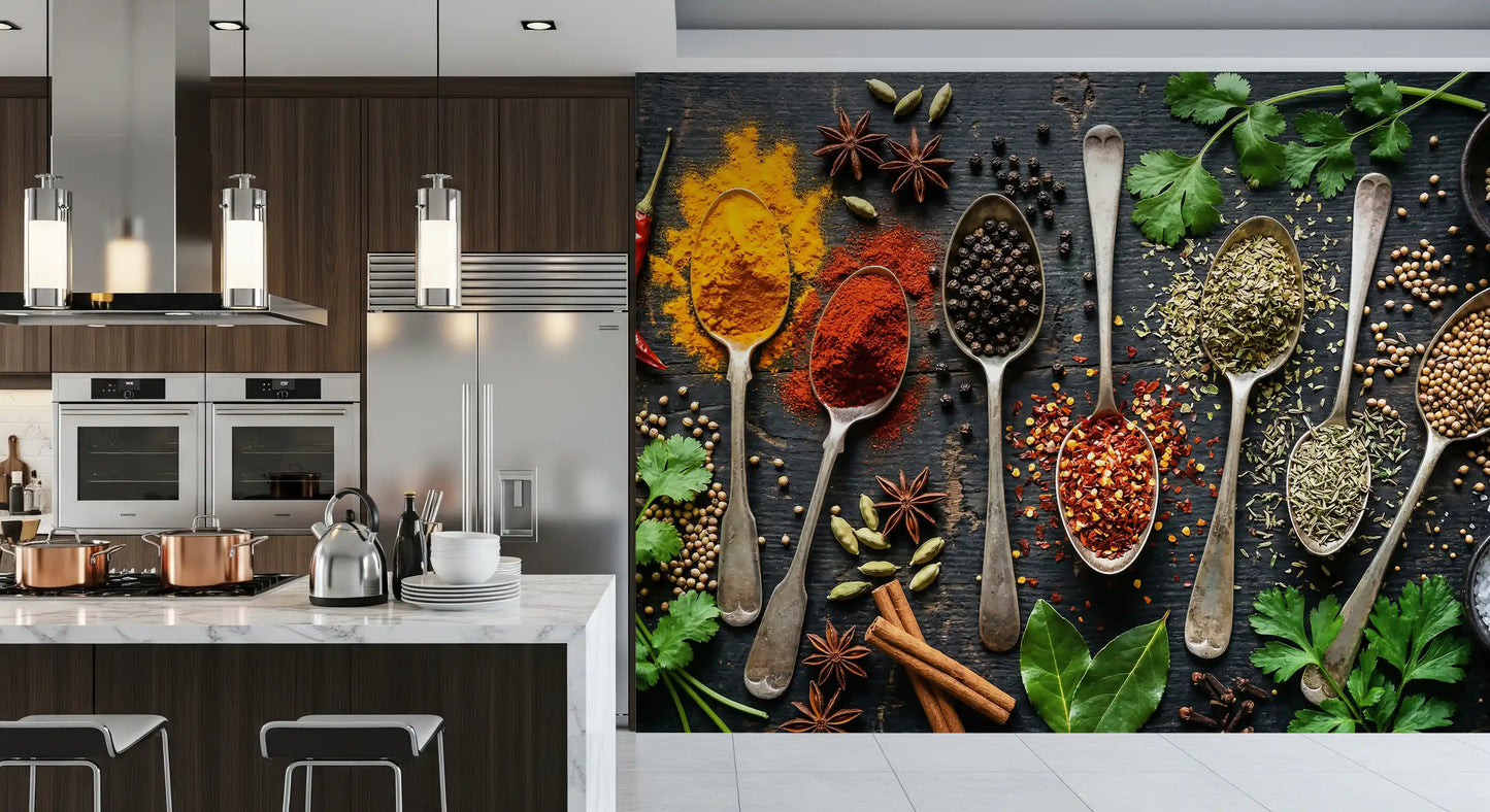 Kitchen area interior styled with Aromatic Spice Collection mural detail