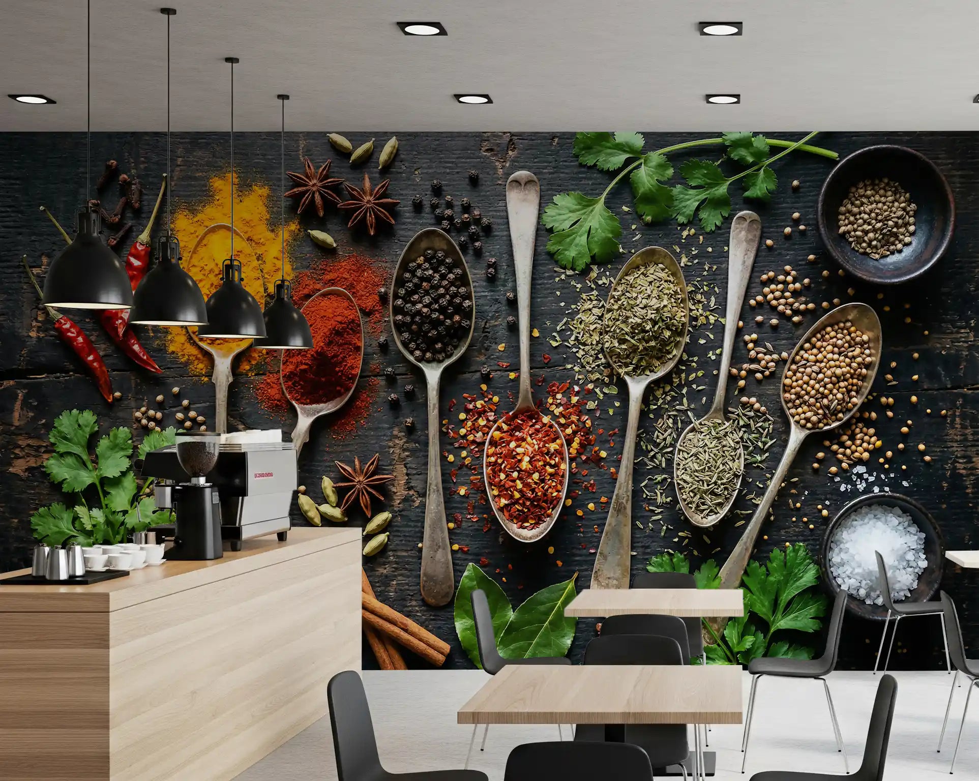 Pantry area finished with spice wall mural and fresh green herbs