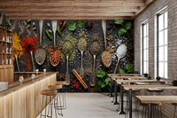 Restaurant interior shows kitchen spice mural with vibrant ingredients