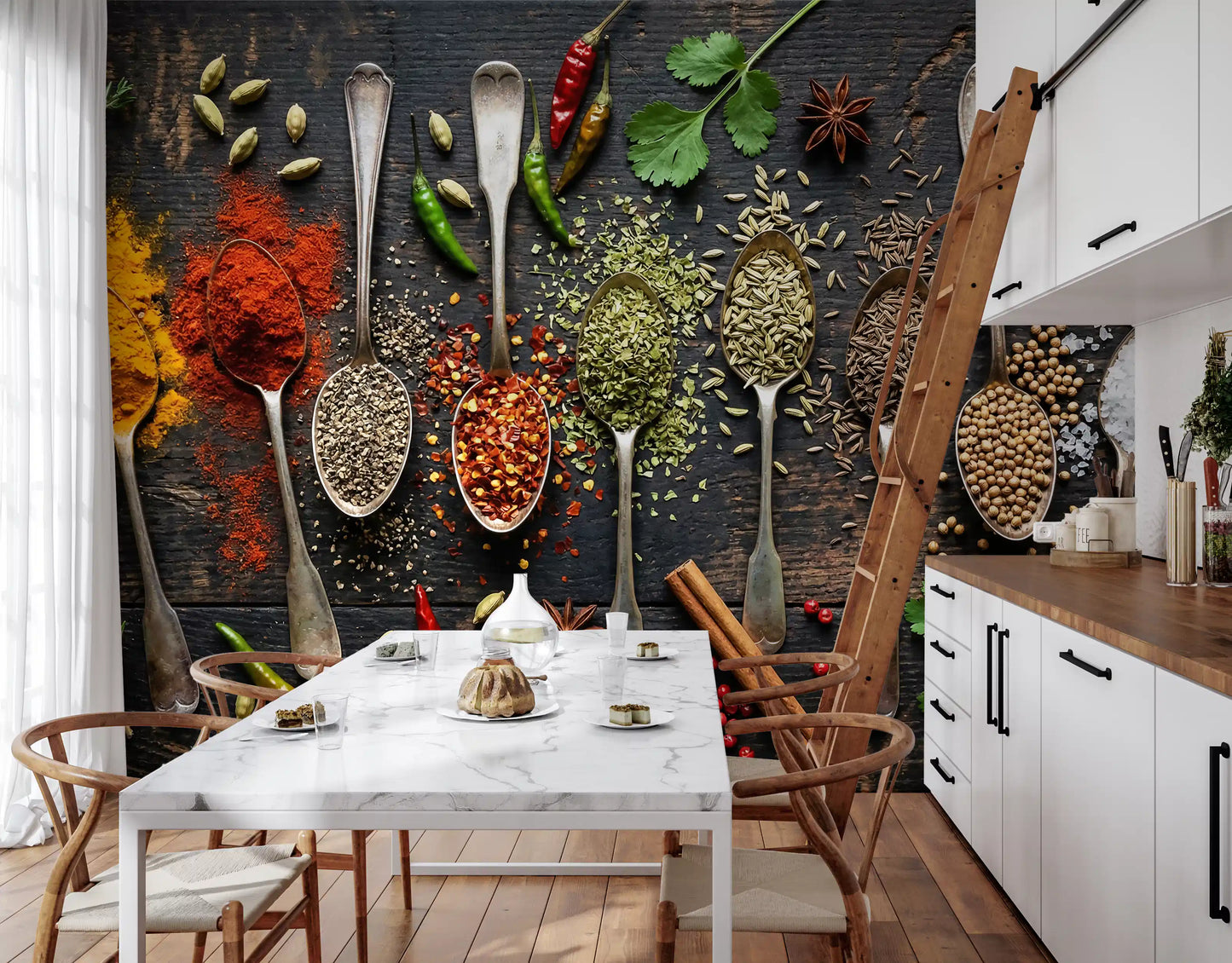 Dark wooden surface highlights spice wall mural with mixed powders