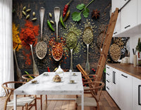Dark wooden surface highlights spice wall mural with mixed powders