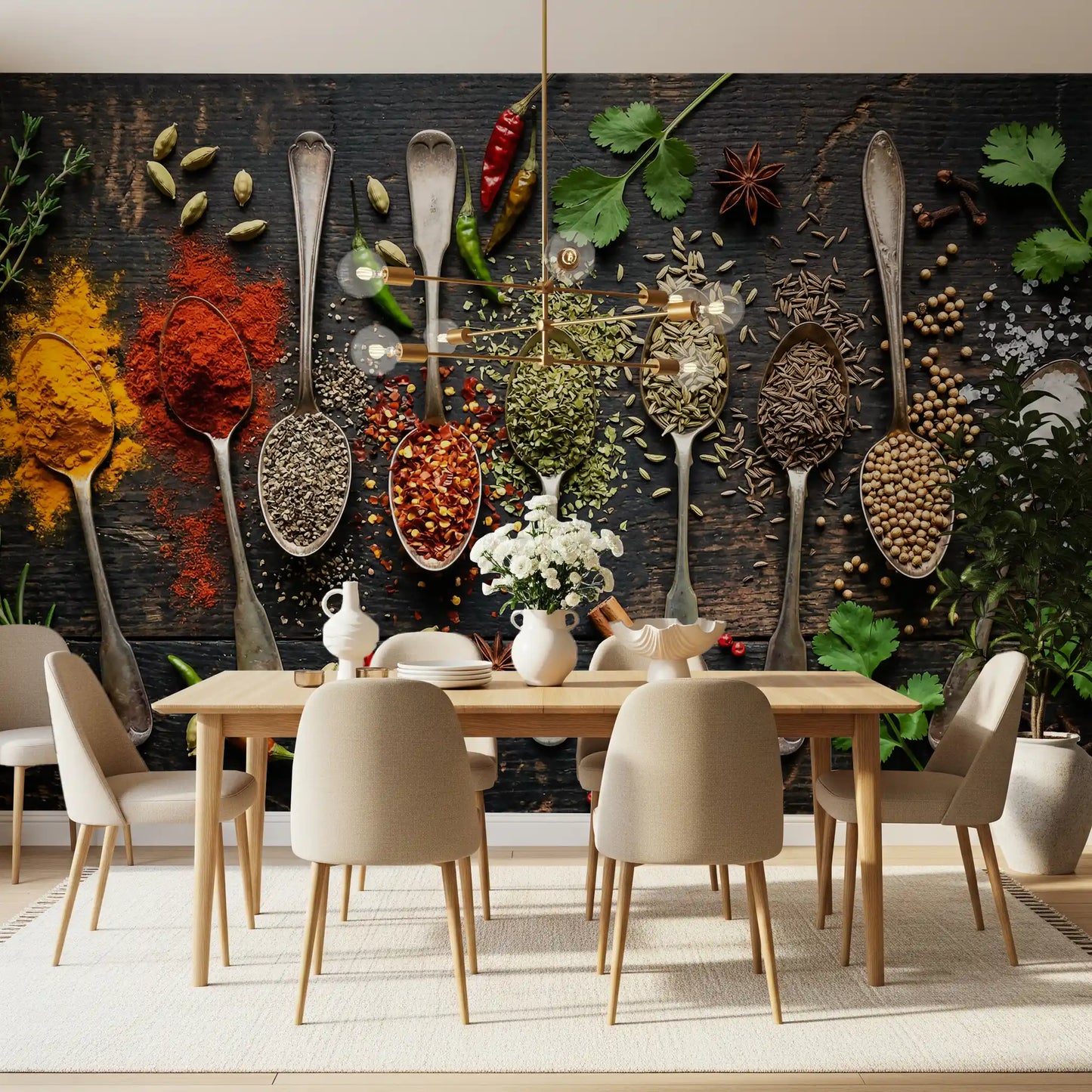 Dining wall using Aromatic Array wall mural with rustic wooden base