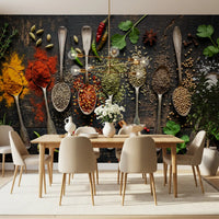 Dining wall using Aromatic Array wall mural with rustic wooden base