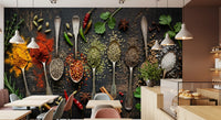 Cafe area wall styled with Aromatic Array mural and colorful spice spoons