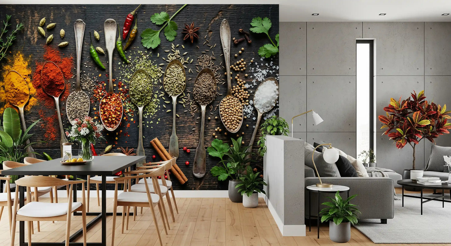 Dining space featuring spice wall mural with herbs and seeds detail