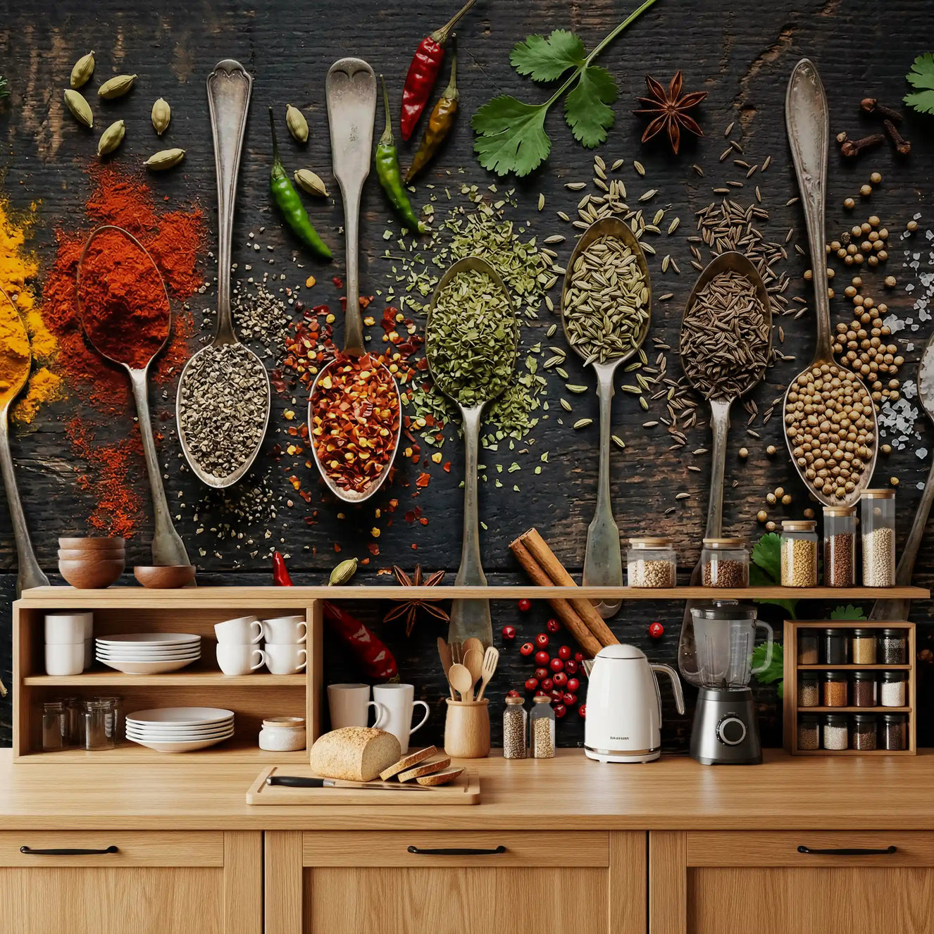 Kitchen ingredient mural with seeds, spices, and textured wood