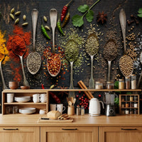 Kitchen ingredient mural with seeds, spices, and textured wood