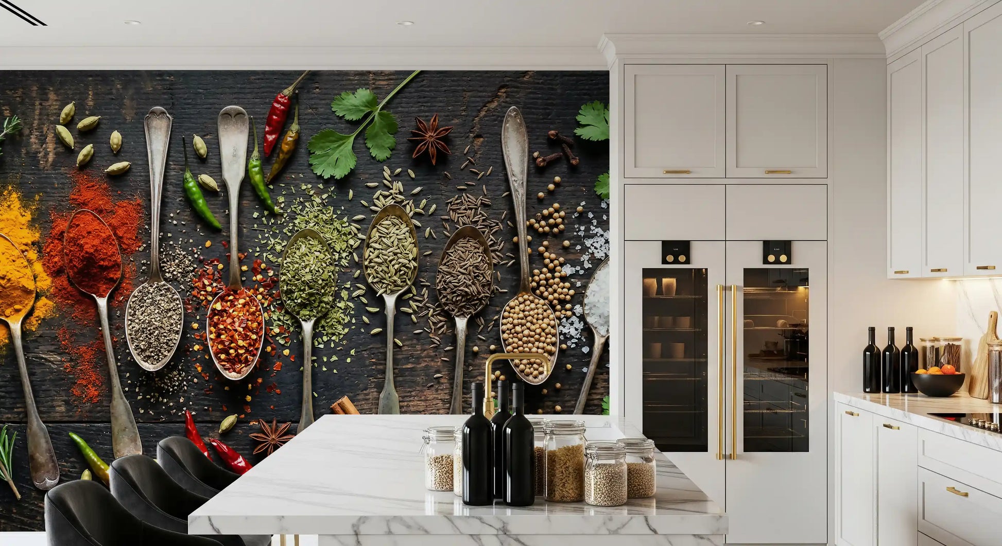Rustic spice wall mural with vibrant powders and herbs layout
