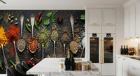 Rustic spice wall mural with vibrant powders and herbs layout