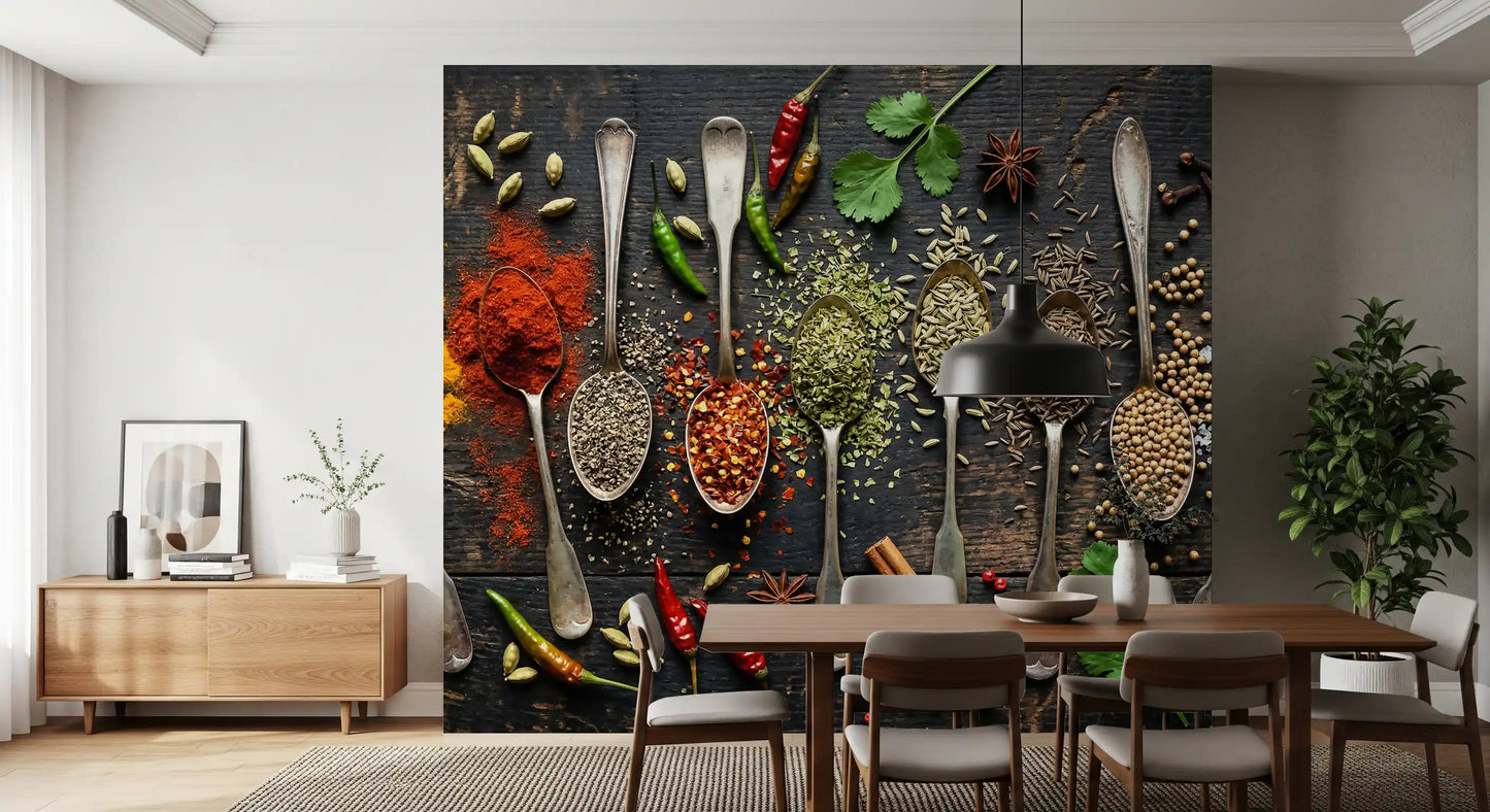 Aromatic Array mural showing turmeric, chili, and fresh herbs