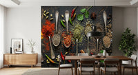 Aromatic Array mural showing turmeric, chili, and fresh herbs