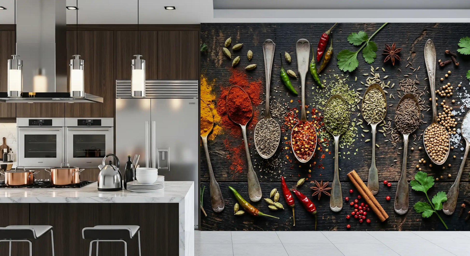 Cooking area styled with Aromatic Array mural and herb arrangement