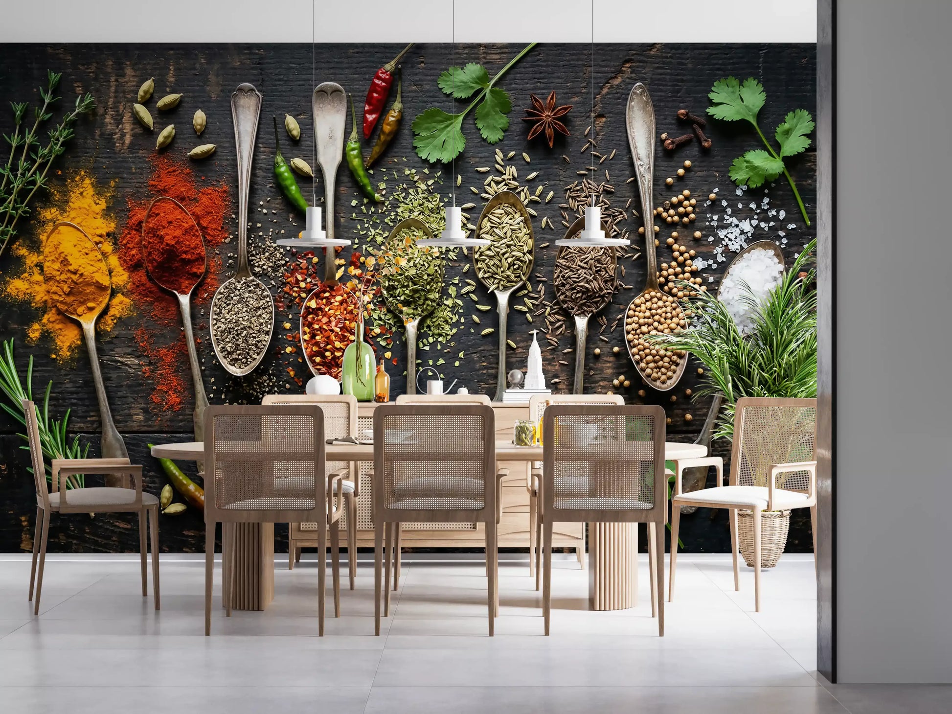 Herb and spice wall mural with colorful ingredients in metal spoons