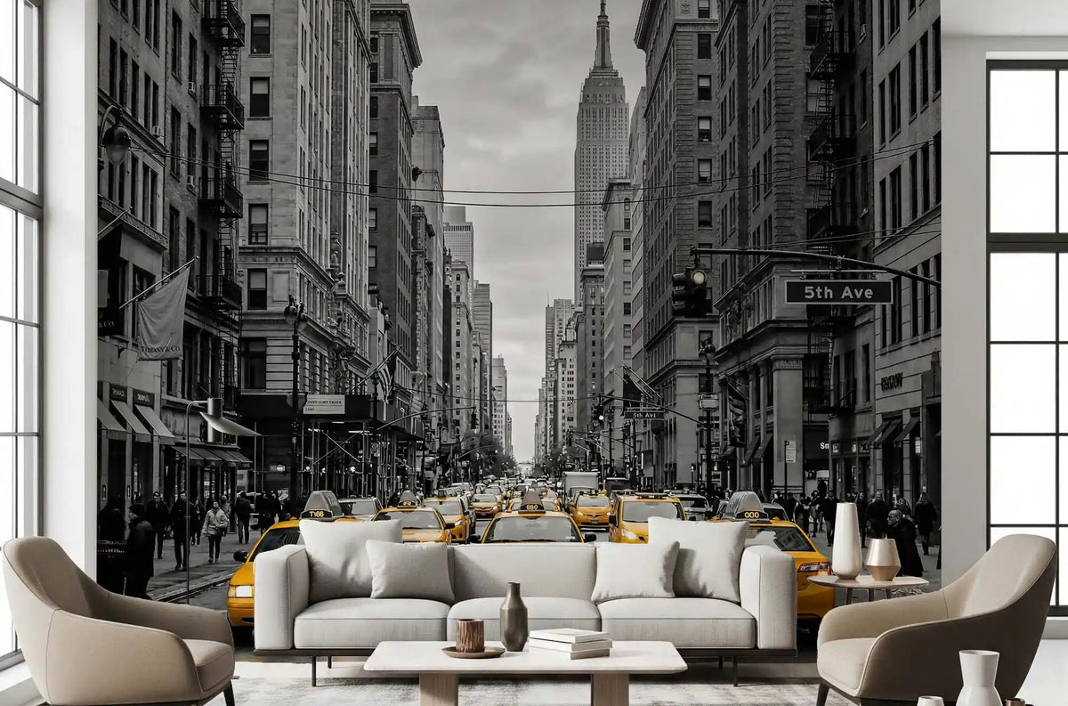 Living room with Manhattan Golden Rush mural and yellow taxis