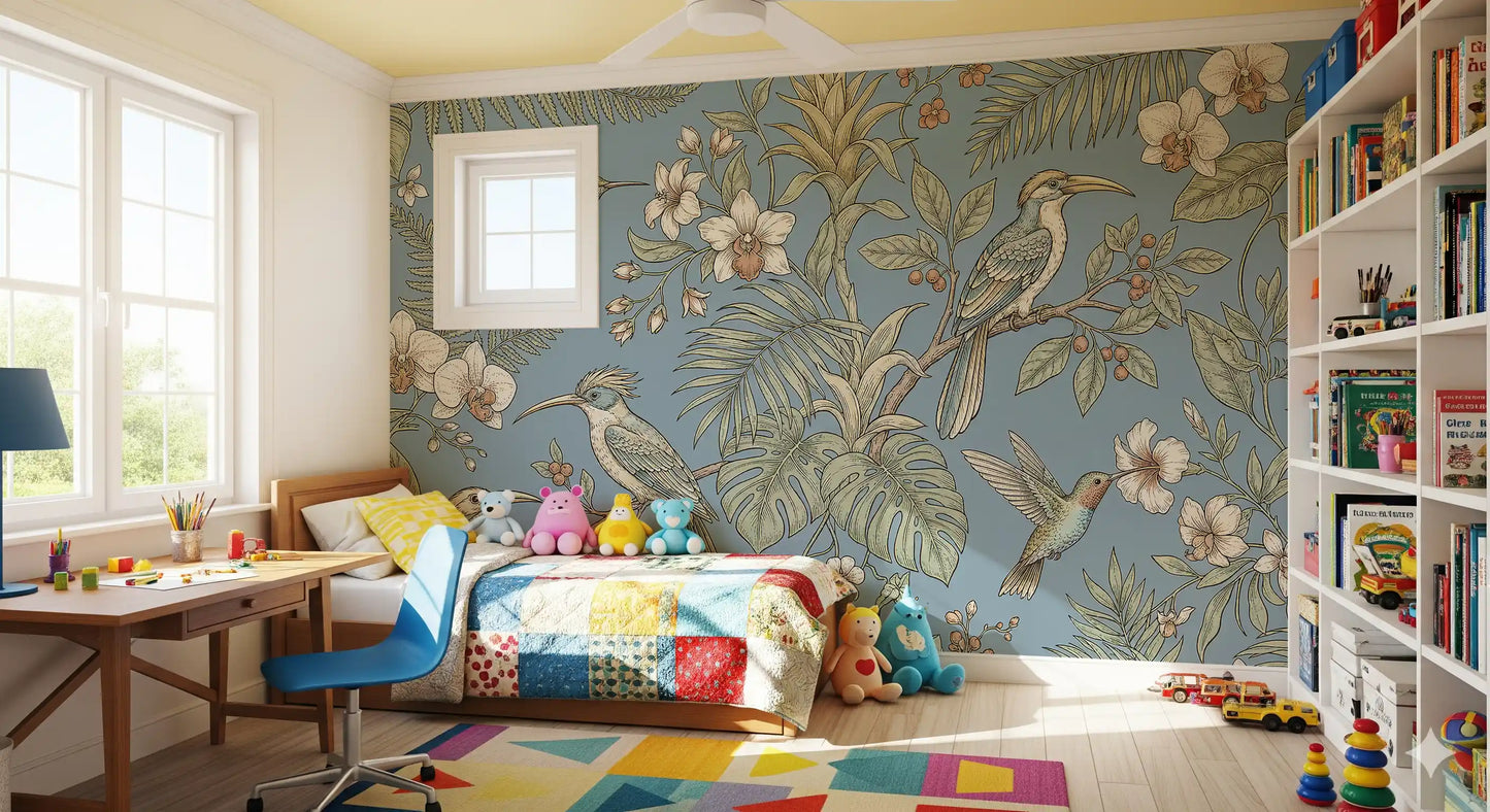 Bedroom featuring Exotic Serenity wall mural with leafy bird artwork