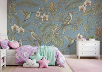 Kids room using tropical bird wall mural with orchid details
