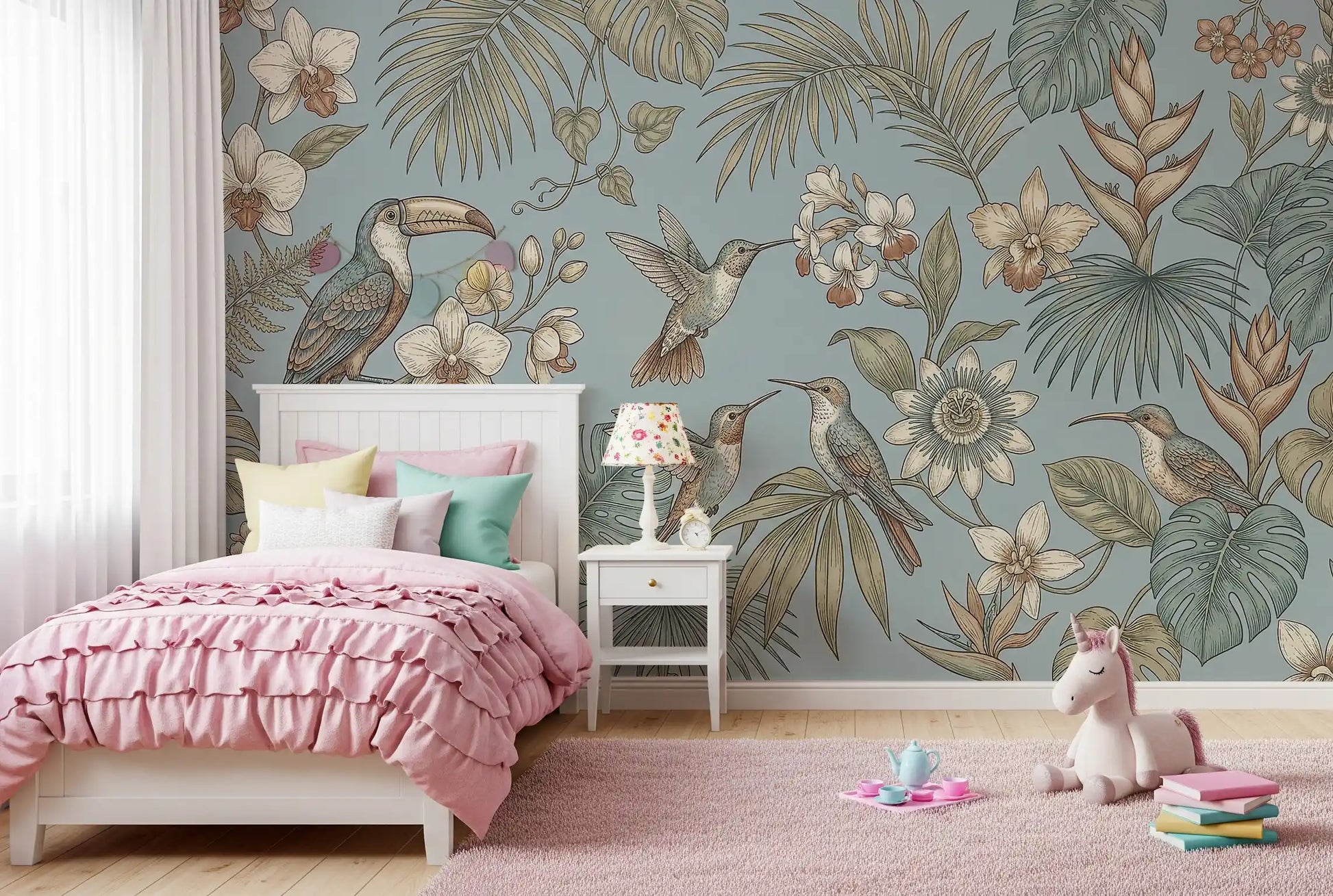 Girls room shows blue bird wall mural with leafy design pattern
