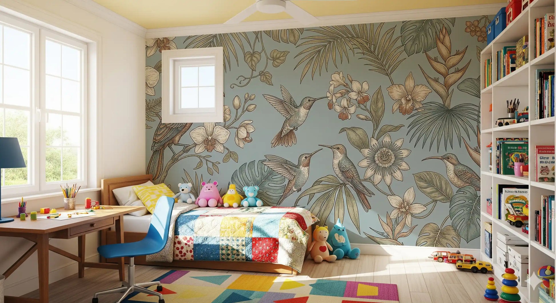 Botanical bird wall mural with hummingbirds and tropical leaves