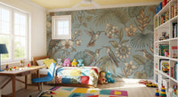 Botanical bird wall mural with hummingbirds and tropical leaves