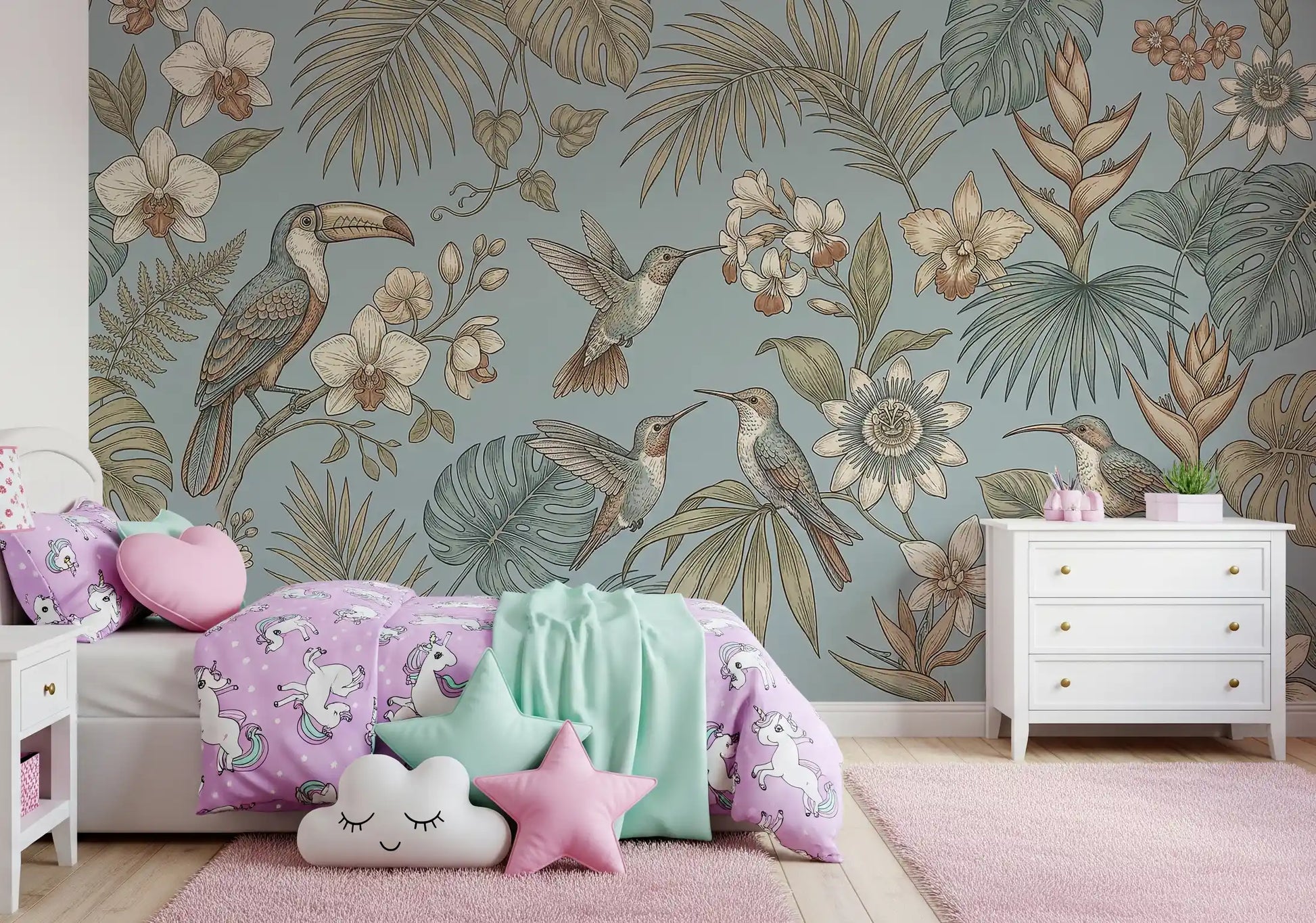 Bedroom wall decorated using Tropical Birds Serenity wall mural